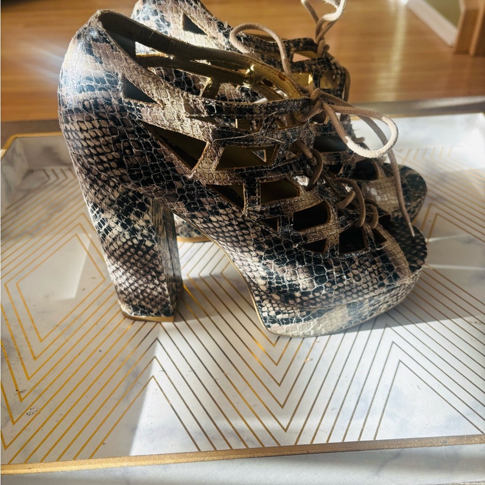 MIA Snakeskin Lace-Up Block Heels